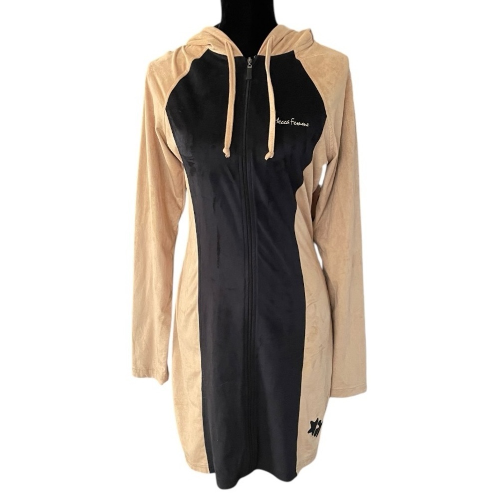 MECCA FEMME Tan & Black Stretchy Faux Suede Hoodie Dress size L Y2K 90’s vintage